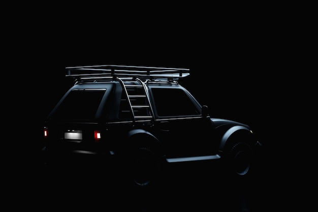 SUV moderne noir foncé préparé pour le safari sur fond noir vue latérale illustration 3D