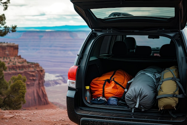 SUV noir avec équipement de camping à coffre ouvert à l'intérieur vue sur la falaise