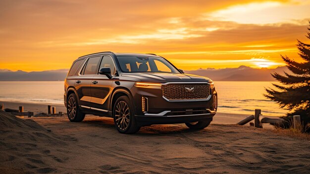 Photo un suv noir de luxe garé au bord de la mer avec des montagnes et un ciel clair en arrière-plan