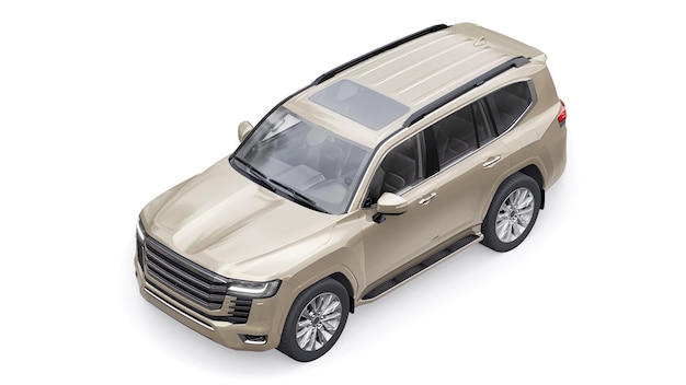 SUV premium beige grande famille à sept places sur fond blanc isolé illustration 3d