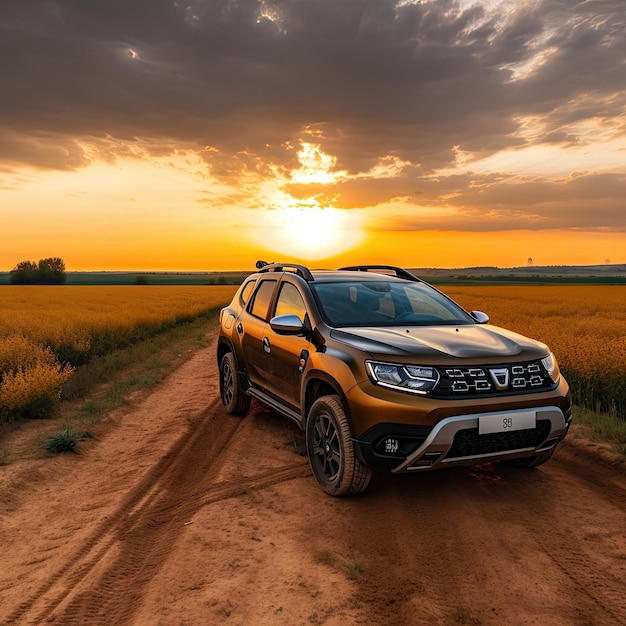 le SUV Renault Terraid garé sur un chemin de terre devant un champ au coucher du soleil avec des nuages sombres au-dessus