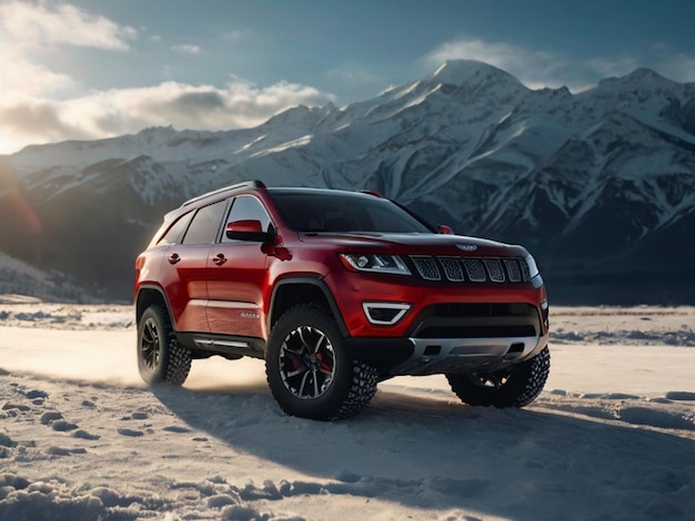 un SUV rouge avec le logo sur le devant