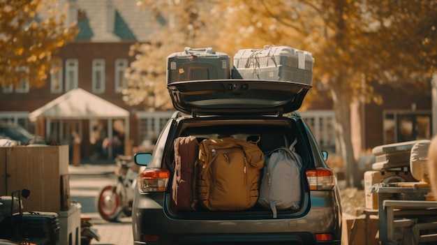 Un suv toyota avec des bagages dans le coffre.