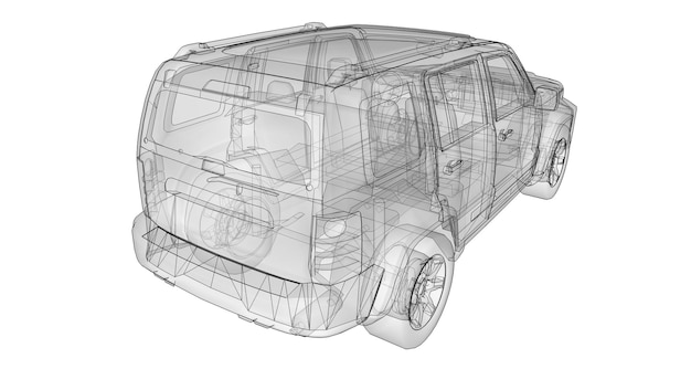 SUV transparent avec des lignes droites simples du corps. rendu 3D.