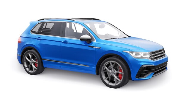 SUV de ville de sport bleu compact pour une conduite passionnante pour le travail et la famille sur un fond blanc isolé rendu 3d