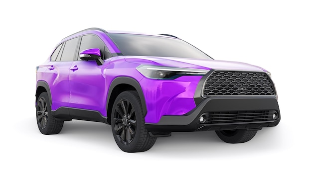 SUV violet compact avec moteur hybride et quatre roues motrices pour la ville et les zones suburbaines sur fond blanc isolé illustration 3d