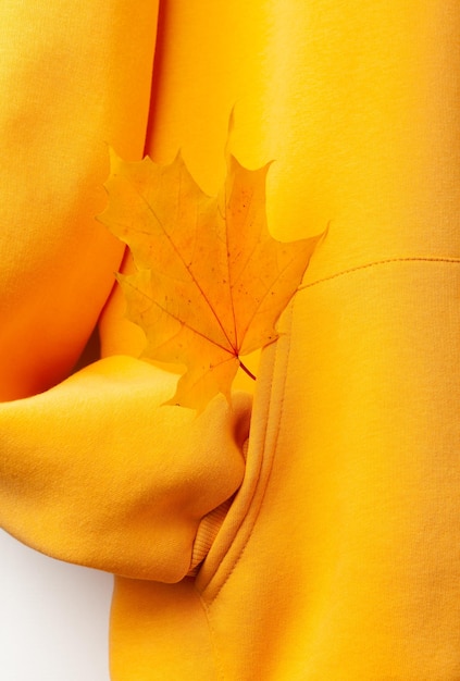 Sweat à capuche avec une manche rentrée dans une poche une feuille d'érable qui sort d'une poche