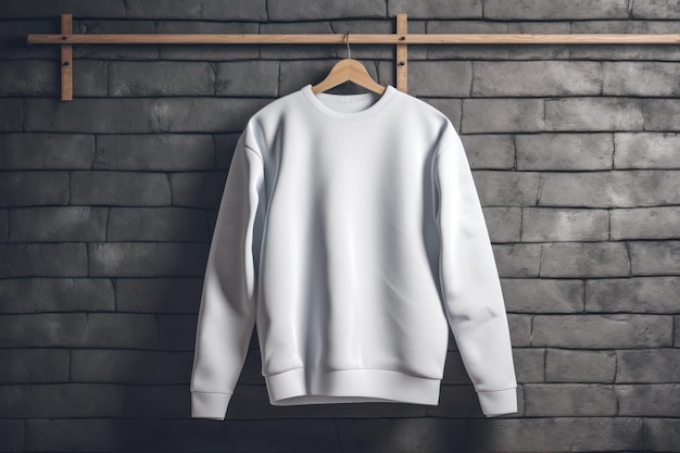 Un sweat-shirt blanc suspendu à un cintre avec un mur de briques derrière.