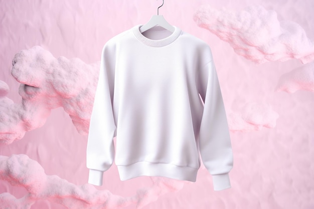 sweat-shirt blanc suspendu sur un fond rose avec des nuages génératifs ai