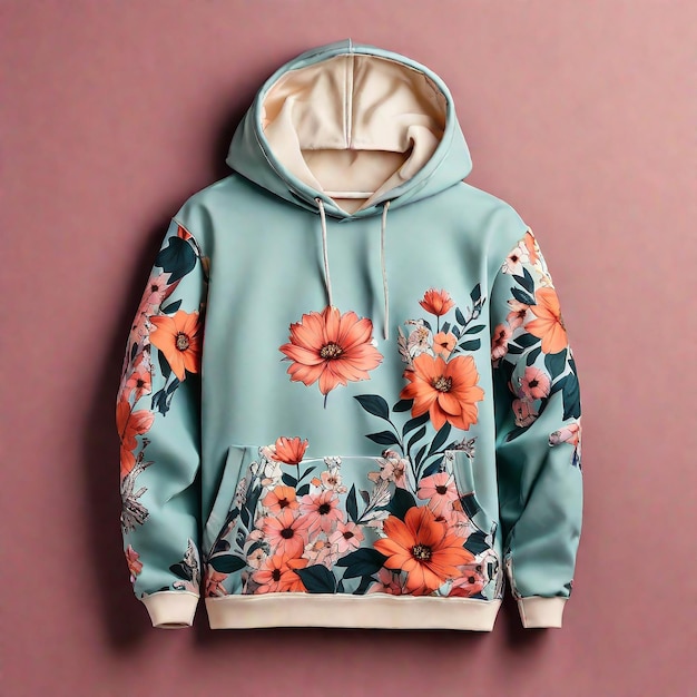 Un sweat-shirt à capuche imprimé en fleurs époustouflant avec une poche isolée sur fond de couleur