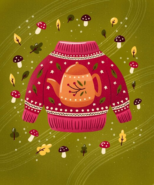 Sweater de Noël avec des feuilles de bouilloire de thé et des champignons Illustration festive d'hiver colorée