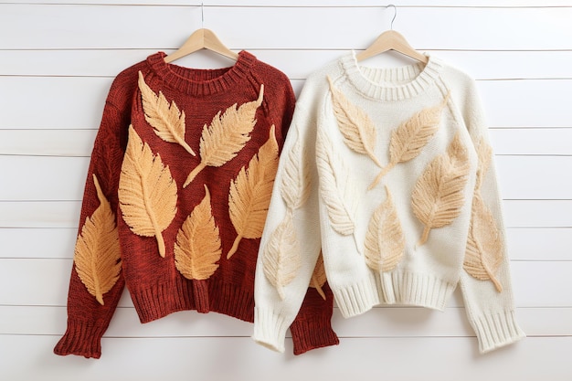 Sweaters à tricoter avec des feuilles sèches sur des couvertures