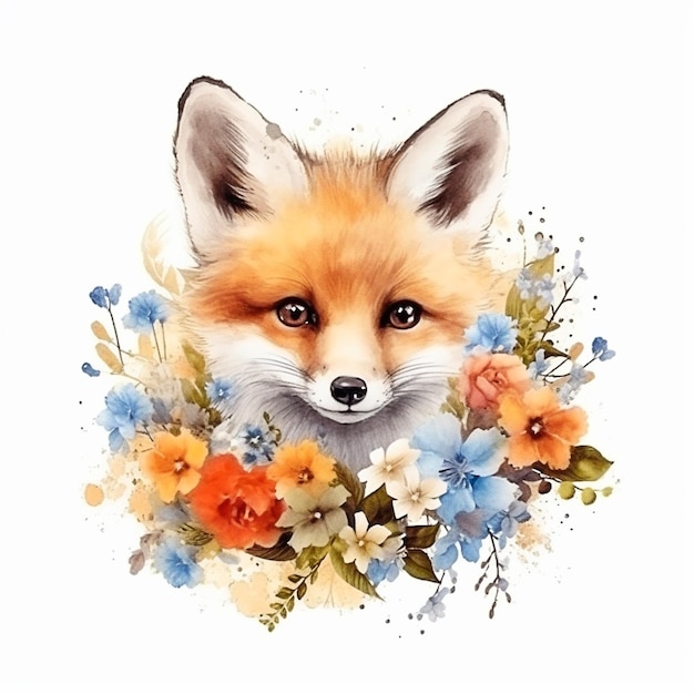 Sweet Fox avec une fleur isoler fond blanc Ai généré