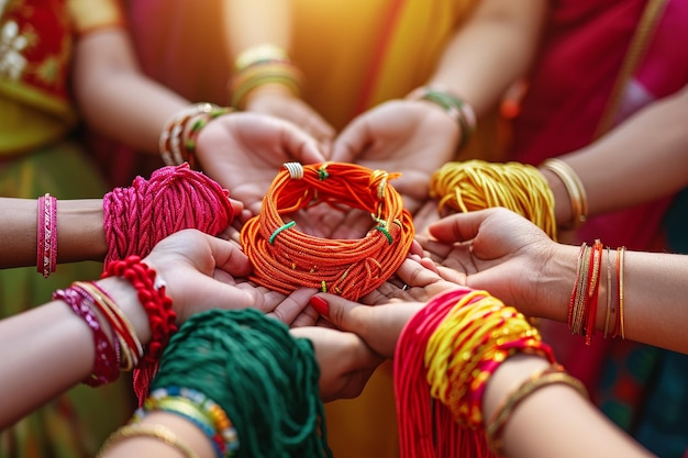 Symbole d'amitié à l'arrière-plan avec des mains et des bracelets de couleurs