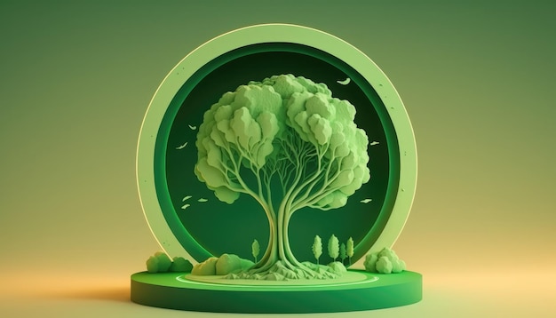 Symbole de l'arbre vert sur le podium du cercle néon coloré brillant fond vert clair nature pure