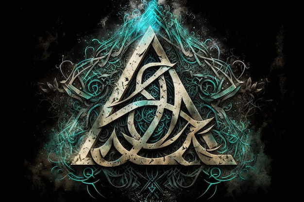 Symbole arcanique AI génératif avec effet de feu et de glace Symbole magique Symbole Asgard Runes et symbole triangle avec couleur or et métal