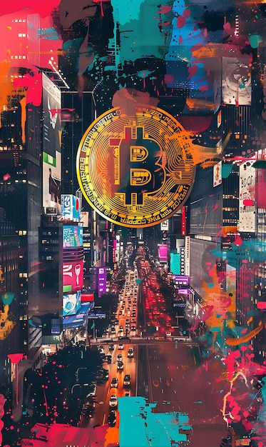 Photo symbole de bitcoin intégré dans un collage de symbole financier illustration de la crypto-monnaie arrière-plan