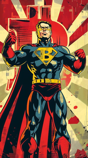 Le symbole de Bitcoin représenté comme un super-héros de bande dessinée avec une illustration de crypto-monnaie Ha