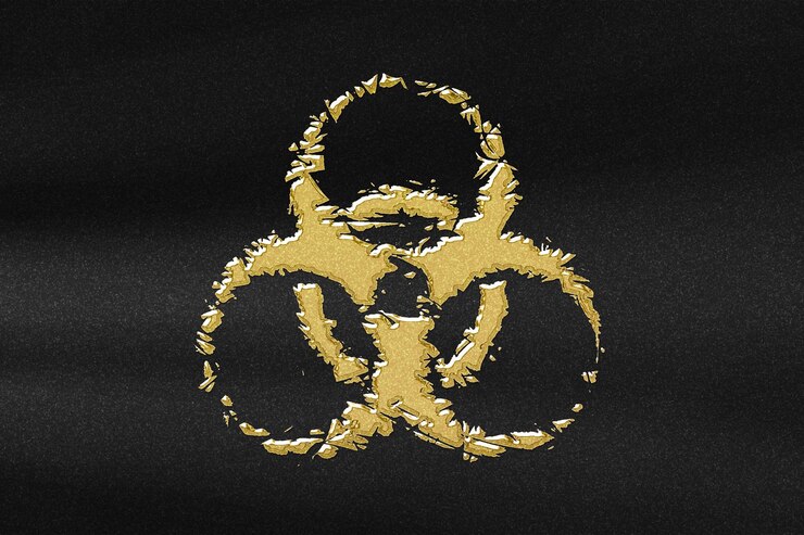 Symbole de danger biologique, signe de danger biologique, danger biologique, or abstrait avec fond noir