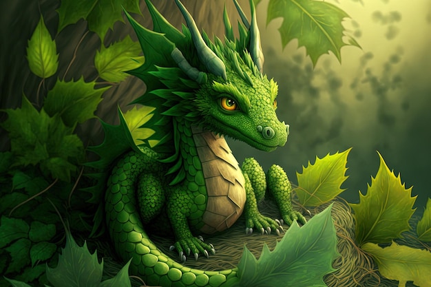 Symbole de dessin animé magnifiquement illustré d'un jeune dragon vert se relaxant dans la nature