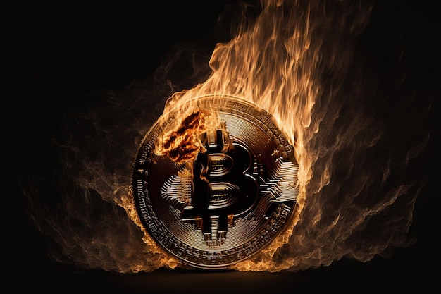 Symbole de devise crypto Bitcoin brûlant sur fond noir Concept de monnaie numérique et de risque