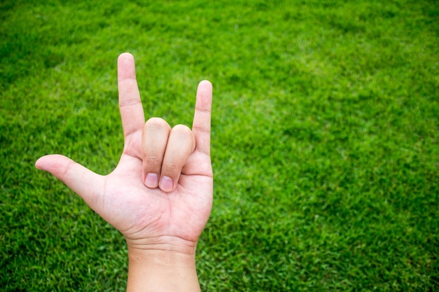 Symbole de doigt d&#39;amour sur fond d&#39;herbe verte