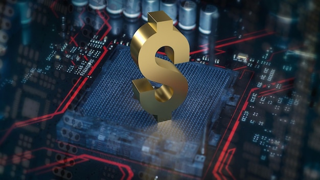 Le symbole dollar or sur PCB BOARD pour le rendu 3d de concept d'entreprise ou de technologie