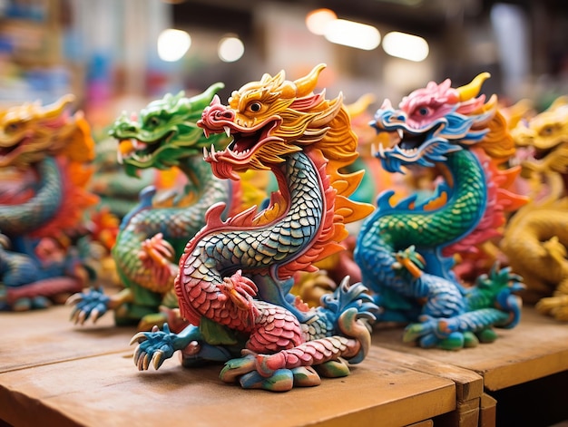 Symbole de dragon coloré de l'année chinoise sur table en bois généré ia