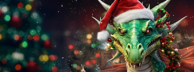 Symbole de dragon de Noël vert de la nouvelle année dans un chapeau de père Noël