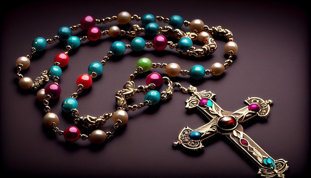 Le symbole du christianisme brille sur un collier de perles en or généré par l'IA