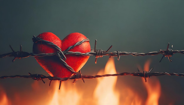 Le symbole du cœur enveloppé dans une clôture de fil de fer barbelé et le feu brûlant derrière le concept de la fête de la Saint-Valentin