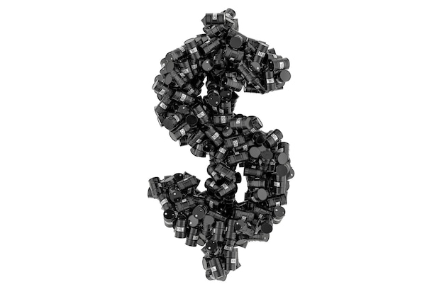 Symbole du dollar du rendu 3D de barils de pétrole noir