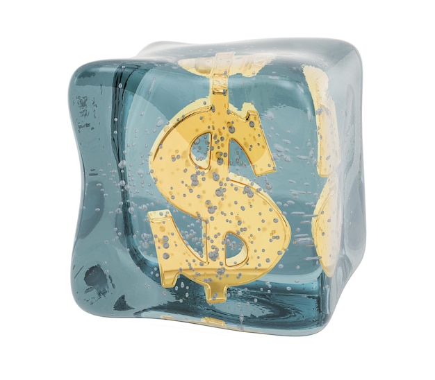 Symbole du dollar figé dans le rendu 3D du cube de glace