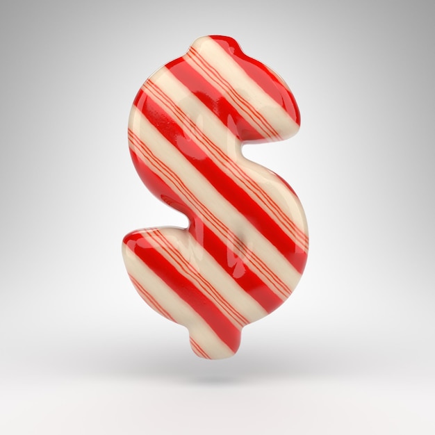 Symbole du dollar sur fond blanc. Signe de rendu 3D de canne en bonbon avec des lignes rouges et blanches.