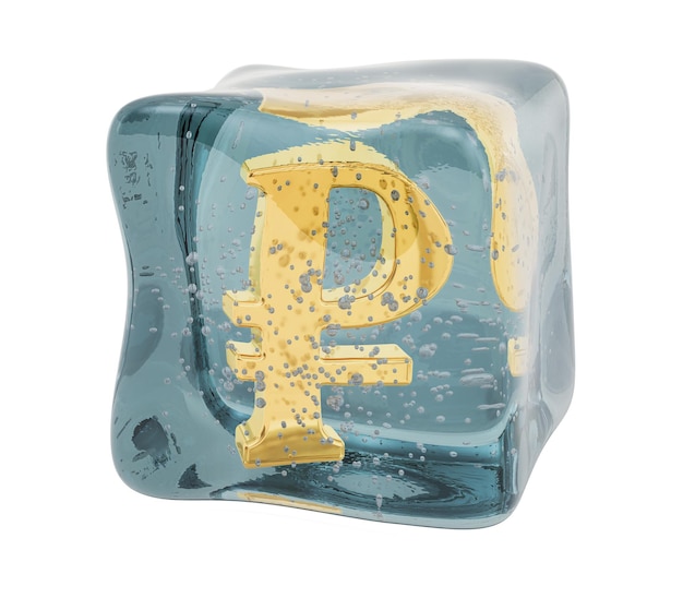 Symbole du rouble figé dans le rendu 3D du cube de glace