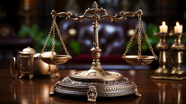 Symbole du système juridique de la justice statue antique à l'échelle en laiton