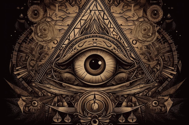 Symbole du troisième œil entouré de motifs complexes et mystiques créés avec une IA générative