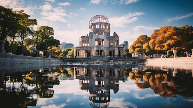 Photo symbole emblématique de la résilience le majestueux dôme de la bombe atomique dans le parc commémoratif de la paix d'hiroshima illumina