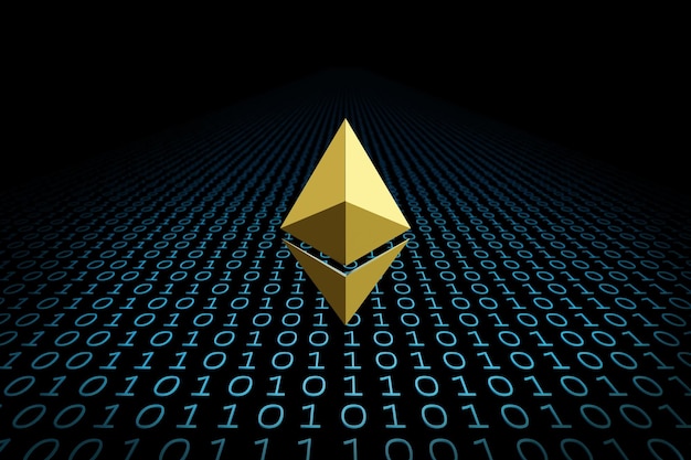 Symbole Ethereum doré entouré d'une illustration 3d de code binaire