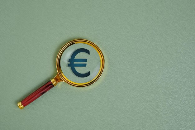 Photo symbole de l'euro sous la loupe sur fond vert