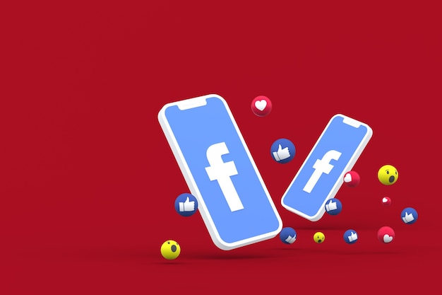 Symbole Facebook à l'écran du smartphone ou des réactions mobiles et facebook amour, wow, comme le rendu 3d emoji