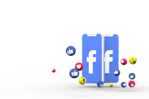 Symbole Facebook sur écran smartphone ou mobile et réactions Facebook 3D render