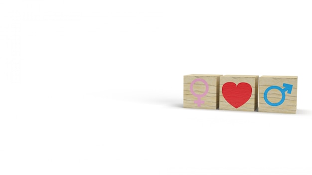 Symbole féminin et masculin avec coeur sur des cubes en bois, concept de relation hétérosexuelle