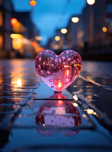 Symbole en forme de cœur en néon dans la rue de la ville la nuit