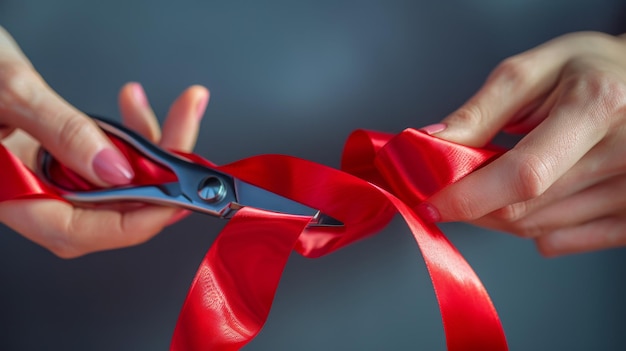 Photo symbole d'une grande ouverture un ruban de satin rouge est coupé avec des ciseaux dans les mains d'une femme