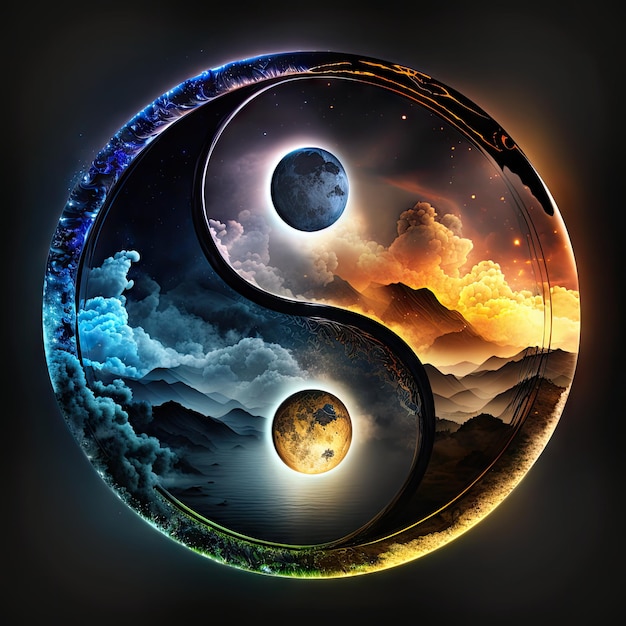 Symbole d'harmonie Yin Yang composé d'éléments naturels Fire Water Ying Yang Abstract Generative AI Illustration