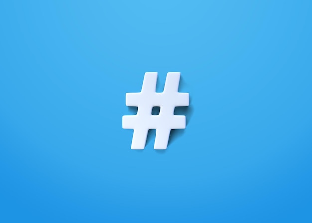Symbole de hashtag blanc sur fond bleu Concept créatif minimal Vue de dessus Illustration de rendu 3D