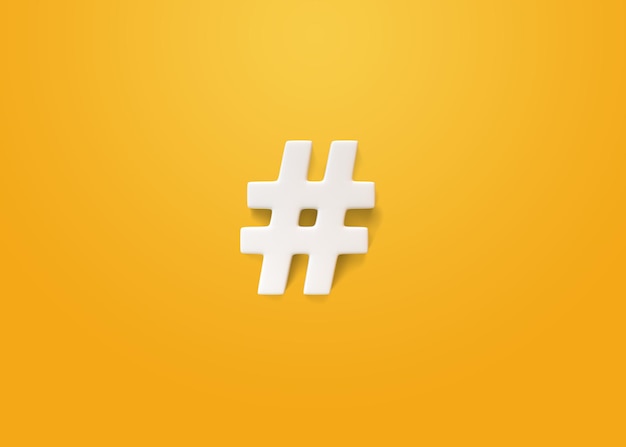 Symbole de hashtag blanc sur un fond jaune Concept créatif minimal Illustration de rendu 3D en vue supérieure