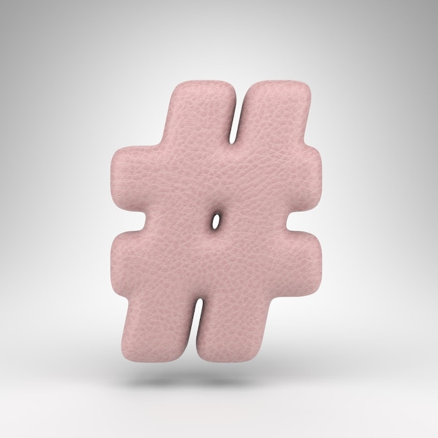 Photo symbole de hashtag sur fond blanc. signe de rendu 3d en cuir rose avec texture de peau.