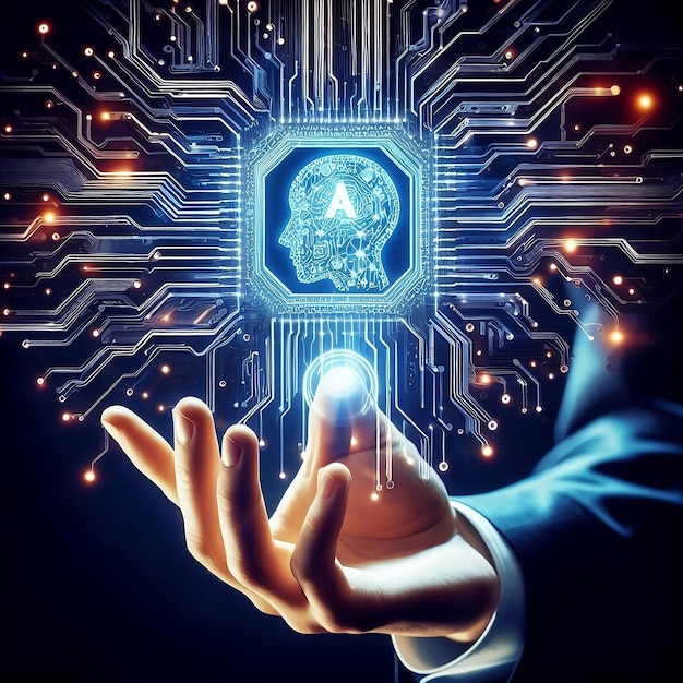 Le symbole de l'icône du circuit électronique du PCB sur le doigt de la main d'un homme d'affaires touchant avec le cyberpunk néon cyberspac